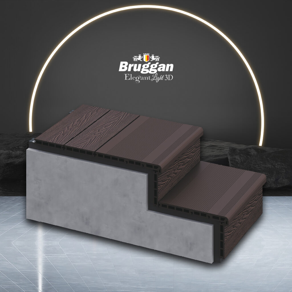Novedad de la temporada - Bruggan Elegant step. La textura del peldaño difiere ligeramente de la de la lama en sí, ya que los peldaños son antideslizantes. La anchura del peldaño es de 320 mm de serie.