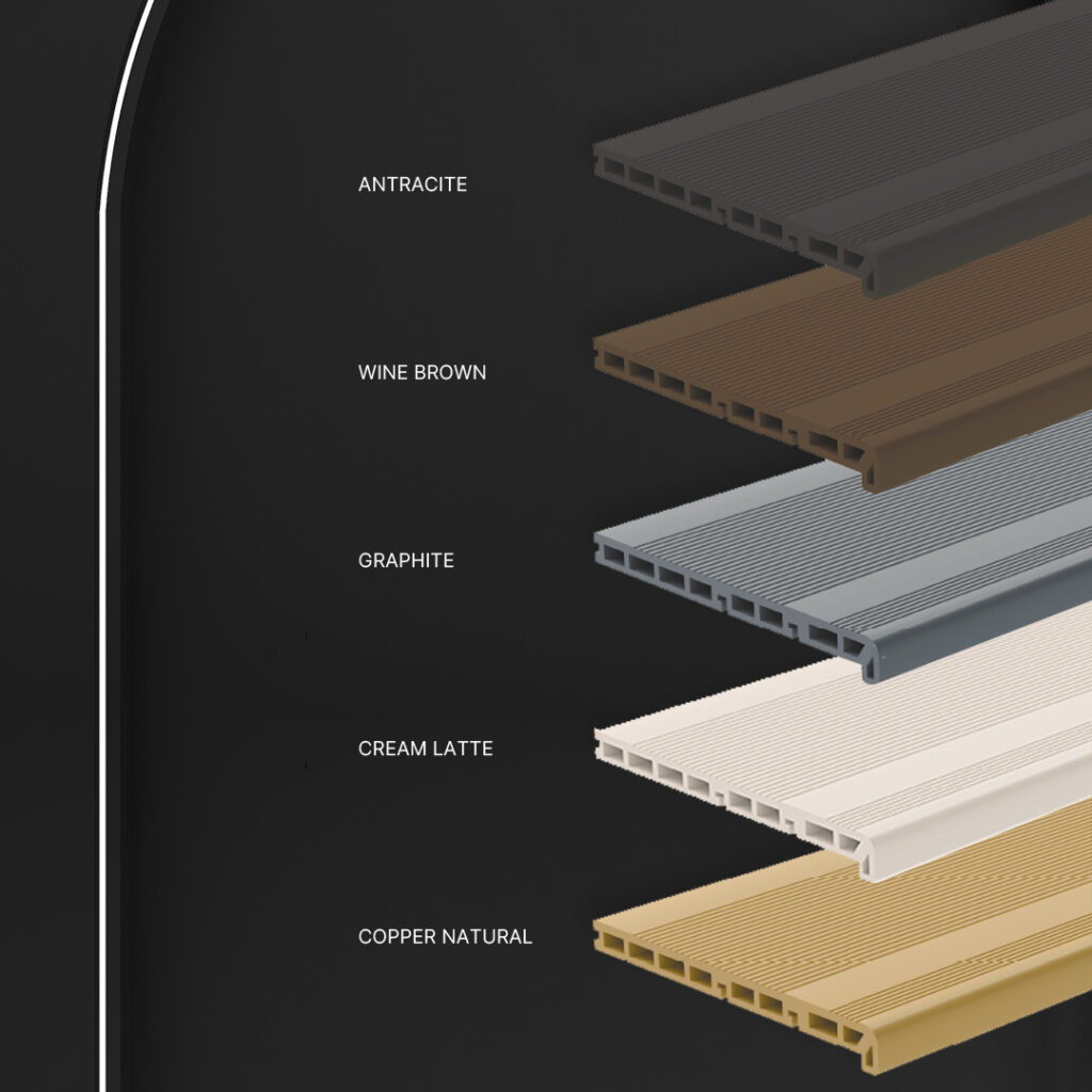 Novedad de la temporada - Bruggan Elegant step. Los peldaños Elegant de Bruggan están disponibles en cuatro de los colores más populares a juego con la tarima compuesta: Cooper, Wine Brown, Graphite, Cream Latte.