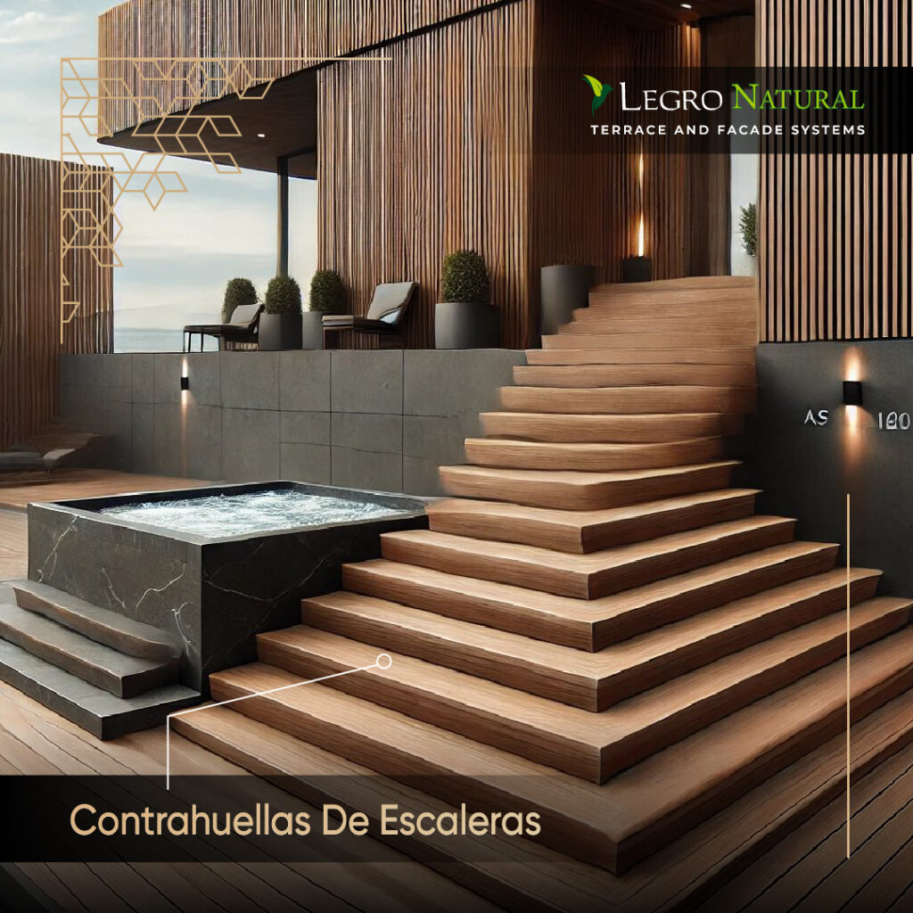 Perfil universal AS180 para sistemas de terraza y fachada Legro Natural. Contrahuella de escalera